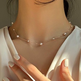 Inateannal Boho Pearl Choker Necklace Gold Pearl Necklace Earrings Freshwater Pearl Station Necklace Pearl Wedding Necklace Chain Jewellery for Women and Girls, Zinc