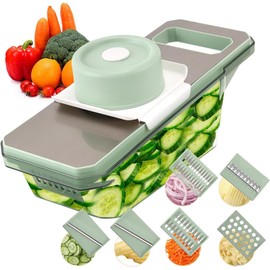 Yuirshion Vegetable Slicer Stainless Steel, 7-in-1 Multifunctional Panel Vegetable Slicer, Easy Draining Vegetable Chopper Dicer, with Drain Basket and 6 Blades, Green