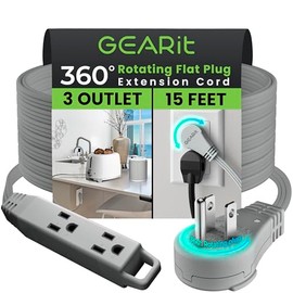 GEARit 360 Rotating Flat Plug Extension Cord with 3 Outlets (15ft, Gray) 16AWG/13A 3 Prong Wire, Outlet Saver for Home Office Dorm Room Essentials, ETL Certified