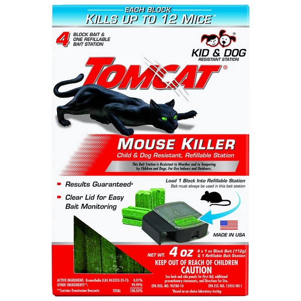 Tomcat Mouse Killer Refillable Station, Includes 1 Station with 4, 1-oz. Baits - Child and Dog Resistant - Use Indoors and Outdoors to Kill Mice