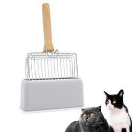Thirdream Stainless Steel Cat Litter Scoop-Heavy Duty Litter Scoope with Comfortable Wood Grip, Metal Cat Litter Scoop with Holder, Easy Sifting, Non-Stick and Easy Cleaning