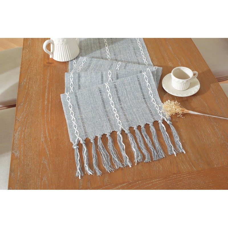 Farmhouse Decor Boho Table Runner with Macrame, Elegant Dusty Blue
