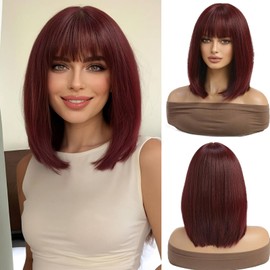 Esmee Kurze Gerade Weinrote Bob-Perücken mit Fransen Schulterlänge Burgunder Perücke Synthetik-Cosplay-Perücken für Frauen