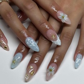 Lukmexor Summer Press On Nails Almond Medium Fake Nails Gold Starfish Flower False Nails Press Ons With 3D Water Ripple Design Stick On Nails Glossy Full Cover Acrylic Glue On Nail For Women Girls