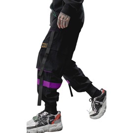 Ambcol Mens Color Patchwork Punk Cargo Tactical Track Pants Techwear Hip hop Joggers Streetwear Pants Purple-30 Large
