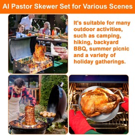 Al Pastor Skewer for Grill, 10 Inch Brazilian Spit Stand with 5 Spikes & 2 Brushes, Stainless Steel Vertical Sticks, Gyro Pan with Fat Separator for Tacos Al Pastor, Shawarma, Chicken on Smoker Oven