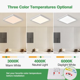 16 Inch Square LED Flush Mount Ceiling Light, 36W 3600LM, 3000K/4000K/6000K CCT Selectable,White Super Slim Low Profile Ceiling Light Firxtue for Bedroom/Kitchen/Living room/Dinning room/Hallway