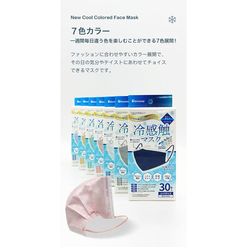 [Bitoway] ビトウコーポレーション 【全国マスク工業会会員】 冷感触 カラー マスク 30枚入 大人用サイズ 男女兼用 (ベージュ)