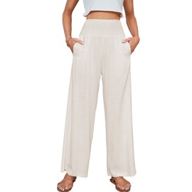 JASPAL Women Casual High Waisted Palazzo Pants Wide Leg Long Lounge Trendy Trousers with Pocket-XL-White