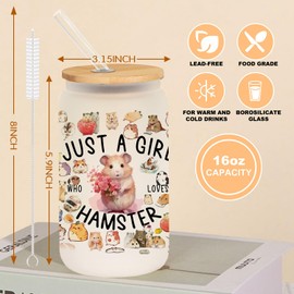 Pfkfo Hamster Cup Gifts for Hamster Lovers, Hamster Gifts for Women, 16oz Glass Cup with Lids Straws, Hamster Lover Gifts, Just A Girl Who Loves Animals, Ideal Hamster Owner Gift for Sisters Friends