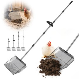 15inch Large Chicken Poop Scooper with Ergonomic Grip, 5 in 1 Adjustable Chicken Coop Pooper Shovel (24 to 76.5"), Stainless Steel Litter Sifting Shovel Scoop for Chicken Coop/Goat Stall/Stable