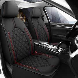 CAROMOP Luxury Leather Car Seat Covers Front Set - Anti-Stain Waterproof Automotive Seat Covers for Cars - Universal Car Interior Covers Seat Protectors for Sedans SUVs Pick-up Trucks(Black/Red Line)