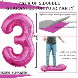 GOER 2 Pcs 42 Inch Pink Foil Balloons Number 3,Huge Number Balloons for 3rd 33rd Birthday Party Supplies Anniversary Decorations