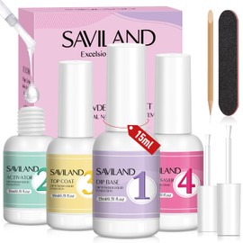 SAVILAND Dip Powder Liquid Set: 4 Pcs Nail Dip Liquid Set with HEMA-free Base Activator Top Coat and Brush Saver 15 ml/0.5 Fl.oz Dipping System Essentials No Curing Home Use DIY Salon Art