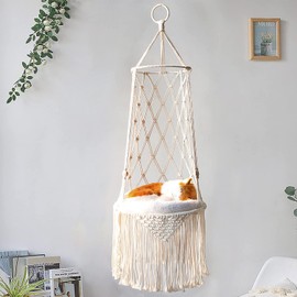 WADY Hamaca De Macramé para Gatos, Cama Colgante Tejida a Mano, Columpio Bohemio para Gatos con Kit para Colgar En Interiores y Exteriores, Decoración del hogar, Colgar En La Pared, Hamaca para Gatos