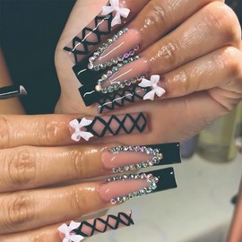 Long Square Press on Nails Black Fake Nails French Tip Glue on Nails 3D Bow False Nail Tips Full Cover Rhinestone Artificial Nails Finger Manicure Decorations Stick on Nails for Women Girls, 24pcs