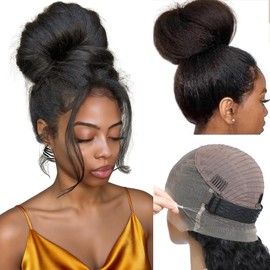 20 Inch 360 HD Lace Front Wigs Human Hair Kinky Straight 220 Density Hidden Strap Flexible Fit Glueless 360 Wig Human Hair Full Lace Pre Plucked Pre Cut with Invisible Drawstring for Black Women