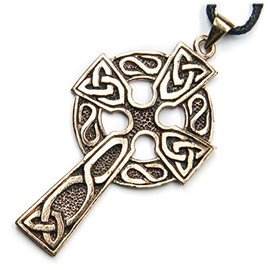 Celts Cross Bronze Pendant Necklace Jewellery, incl black cotton sting, Pendant total length: 6.5cm