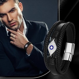 Flonge Evil Eye Leather Bracelet: Punk Rhinestone Evil Eye Pendant Leather Bracelet Multilayer Braided Wristband Wrap Bracelet with Silver Magnetic Stainless Steel Clasp