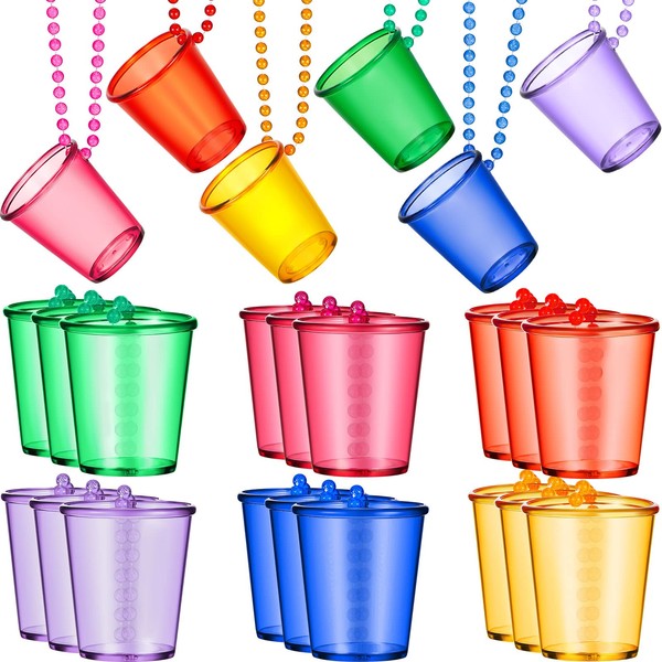 24 Pieces Shot Glass on Beaded Necklace Plastic Shot Cup Necklace Bachelorette Party Team Groom and Bride Supplies for Birthday Wedding Festival Parade Favor, 6 Colors