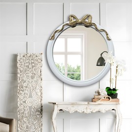 iyabat 28x28 inch Gold and White Bow Mirrors for Wall, Round/Circle God Decorative Wall Mounted Mirror, Irregular Mirrors Suitable for Bedroom, Hallway, Living Room Decoration, Nursery, Girls Room