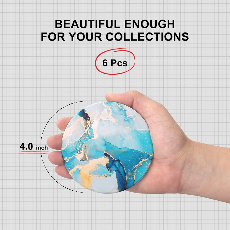 6 Pcs Light Blue Marble Abstract Ceramic Coasters with Holder