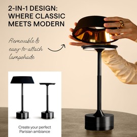 LED Cordless Table Lamp - Rechargeable Light for Home, Bedside, Kitchen - Small Dimmable Tap Lights - Battery Powered Touch Lamp for Desk Wireless - Black and Gold Lamp Shades, IP44, USB Type C Cable