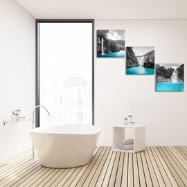 Derkymo 3 Pieces Teal Waterfall Pictures Black and White Canvas Wall Art Landscape Artwork for Bedroom Bathroom Decor Framed Ready to Hang 12"x12"x3pcs