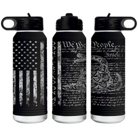 Flaskimo Don't Tread on Me 32 Ounce American Flag Double Walled Stainless Steel Insulated 32oz Water Bottle – Full 360 Degree Engraving – Engraved in USA Gadsden