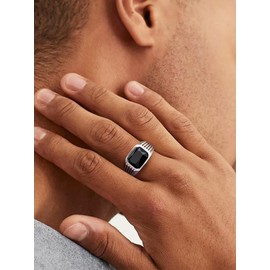 Bestyle Chunky Men Thumb Ring Big Men Black Onxy Gemstone Ring, Solid Sturdy Stainless Steel Mens Band Ring, Fashion Ring for Men Gift for him,Anillos De Hombre, Size 11