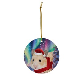 Funny Golden Hamster Christmas Ornament 2025 Ceramic Circle White - Festive Winter Northern Lights Holiday Xmas Tree Hanging Decoration Gifts for Hamster Lovers