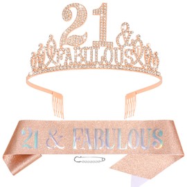 Hapdoo Rose Gold 21th Birthday Decorations for Girls, 21st Birthday Girl Decorations Set - 21st Birthday Sash and Crown for Gifts, Happy 21st Birthday Decorations Birthday Tiara for Girls