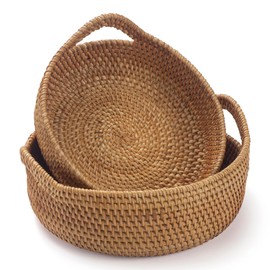 Rattan Storage Basket, Hand Woven Fruit Basket with Handles, Wicker Serving Basket, Bread Basket, Decorative Baskets for Organizing, Set of 2