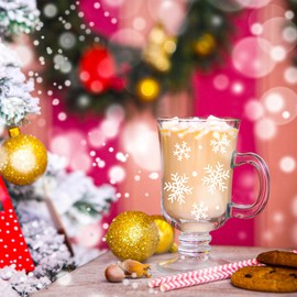 Set of 6 Christmas Snowflake Glass Coffee Mugs with Handle, 8 Oz Clear Irish Coffee Mugs Footed Irish Coffee Glasses Christmas Glasses Winter Holiday Mugs for Beverages Latte Hot Chocolate