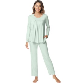 NACHILA Pajamas for Women-Viscose Made from Bamboo,Long Sleeve Pajama Sets Comfy Loungewear Pleated Pjs Green L
