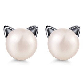 Unendlich U Women's Fashion Pearl Cat Earrings Silver Cat Pearl Earrings 7.5 mm Pearl Cat Stud Earrings Freshwater Cultured Pearls with Cat Ears Gift Idea for Mother's Day, Silver Pearl