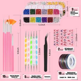 36 in 1 Professional Nail Art Kit, Brushes & Dotting Pens Set with Rhinestones, Pearls, Metallic Foil Flakes, Striping Tape, Butterfly Stickers, Manicure Design Tools for DIY, Salon, Beginners (Pink)