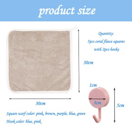 ATBUSS 5 Pack Coral Fleece Solid Color Square Towel with 2 Hooks Baby Washcloth Soft Washcloth Flannel Washcloth Reusable Cleaning Cloth, pink