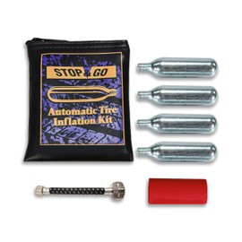 Stop & Go 1090 7 Piece Tire Inflation Kit with CO2, Hose, Sleeve & Storage Bag for Flats on Motorcycle, ATV, Lawn Mower, Golf Carts, & Utility Trailers (4 Canisters)