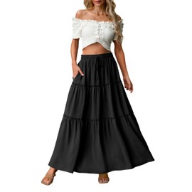 Qixing Women’s Summer Boho Skirt Elastic Waist Pleated A Line Long Skirt Maxi Skirts Flowy Swing Beach with Pockets