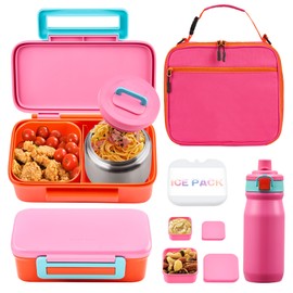 MAISON HUIS Kids Bento Box Set - Includes 8oz Soup Thermo, Insulated Lunch Bag & 17oz Stainless Steel Water Bottle, 2-Compartment Bento Box with Built-In Ice Pack, Leak-Proof & BPA-Free(Pink)