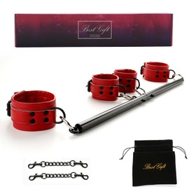 Adjustable Spreader Bar Set Adjustable Straps Sports Set Aid Training Fitness Kit,Home Yoga Gym Kit with Fur Flocking Storage Bag (Black+Redcuff)