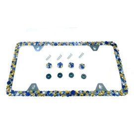 CRYSTAL RIDERS madein USA navy blue gold clear crystal bling license plate frame with screw caps rhinestones diamonds BEDAZZLED FOLDER