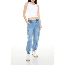 Forever 21 Women's Mid-Rise Cargo Joggers, Medium Denim, Small