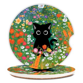 Ceramic Cup Holders Car Coasters Set for Women/Men,Drink Cup Car Holder Coasters with A Finger Notch 2.56" Pack of 2 （Cute Black Cat）