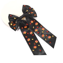 Boderier Thanksgiving Hair Bows for Women Maple Leaf Hair Bows Hair Clip Jeweled Crystal Satin Bow Barrette Hair Clip Gifts for Women Maple Leaf Black