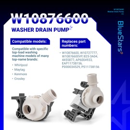 BlueStars W10876600 Washer Drain Pump - Compatible with Whirlpool, Maytag, Kenmore, Crosley Washing Machines - Replaces W10727777, W10876600VP, B25-3A04, AP6004933, PS11738156