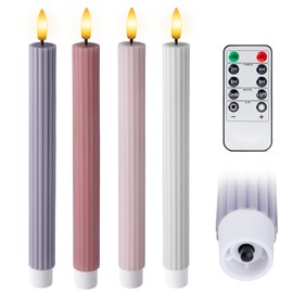 West Ivory Dusty Mauve Coordinated Pinkish Lilac 4 Pack, 10" Real Wax LED Flameless Fluted Ribbed Grooved Taper Candles, Remote & Timer, On/Off Button, Dimmable, Battery Operated, Menorah Wedding