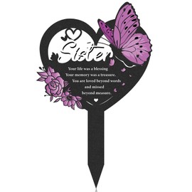 LIRAVENO Memorial Sister Grave Stakes - Metal Butterfly Cemetery Markers Decorations for Loss Sister Purple Heart Humans Remembrance Plaques Decors for Outdoors Black Waterproof Sympathy Garden Gifts