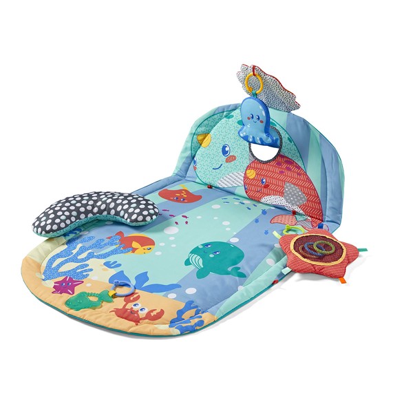 Infantino 3 Stage Above & Beyond Tummy Time Mat - 3 Play Modes for Gross Motor Development, 3 Removable Ocean Themed Toys, Tummy-Time Bolster, Giant 38"x20" Mat with Kickstand for Overhead Play